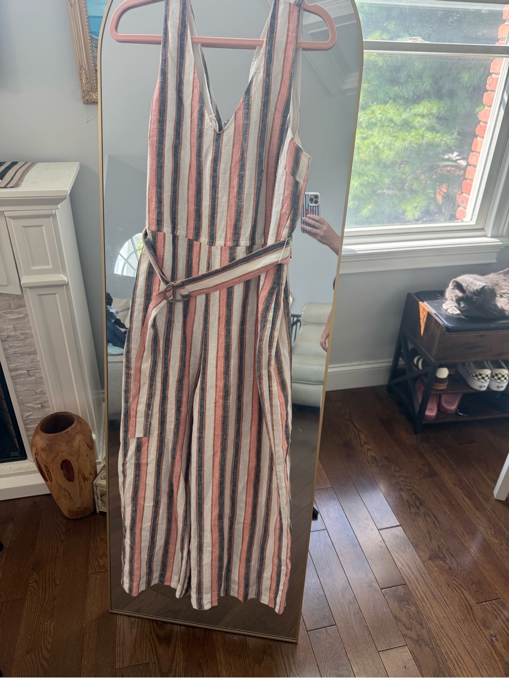 Sussan Striped V-Neck Wide-Leg Linen Jumpsuit in Coral, Navy & Cream